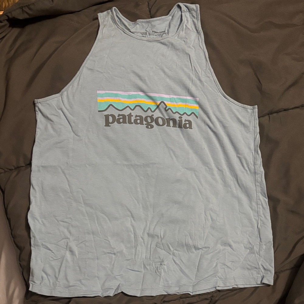 Patagonia Blue Tank with Multicolor Stripe Logo